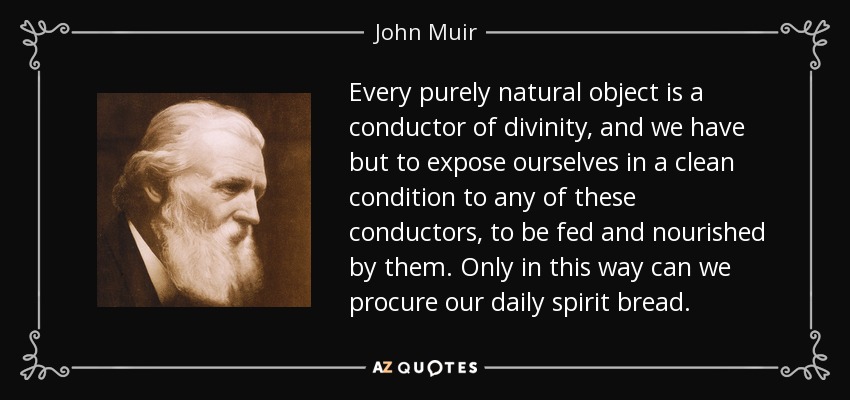 Every purely natural object is a conductor of divinity, and we have but to expose ourselves in a clean condition to any of these conductors, to be fed and nourished by them. Only in this way can we procure our daily spirit bread. - John Muir