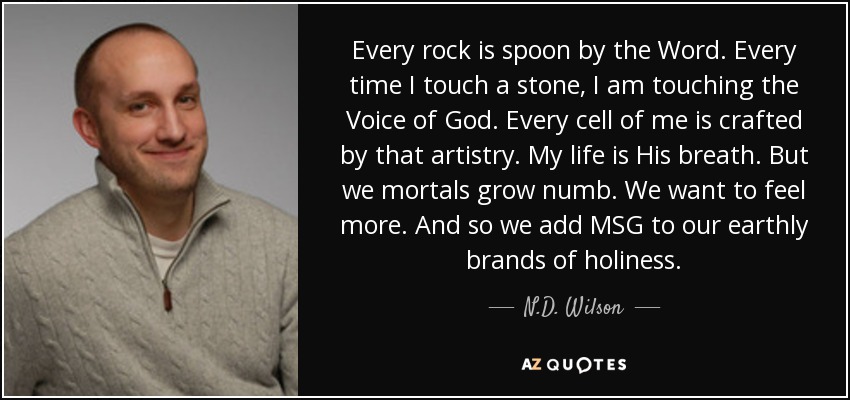 Every rock is spoon by the Word. Every time I touch a stone, I am touching the Voice of God. Every cell of me is crafted by that artistry. My life is His breath. But we mortals grow numb. We want to feel more. And so we add MSG to our earthly brands of holiness. - N.D. Wilson