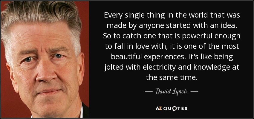 Every single thing in the world that was made by anyone started with an idea. So to catch one that is powerful enough to fall in love with, it is one of the most beautiful experiences. It's like being jolted with electricity and knowledge at the same time. - David Lynch