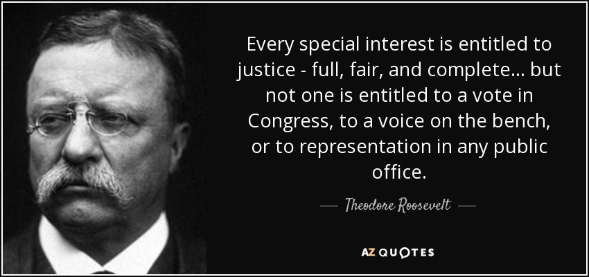 Every special interest is entitled to justice - full, fair, and complete... but not one is entitled to a vote in Congress, to a voice on the bench, or to representation in any public office. - Theodore Roosevelt
