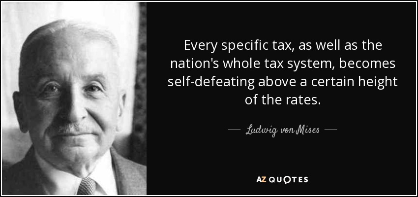 Every specific tax, as well as the nation's whole tax system, becomes self-defeating above a certain height of the rates. - Ludwig von Mises