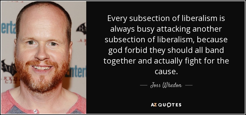 Every subsection of liberalism is always busy attacking another subsection of liberalism, because god forbid they should all band together and actually fight for the cause. - Joss Whedon