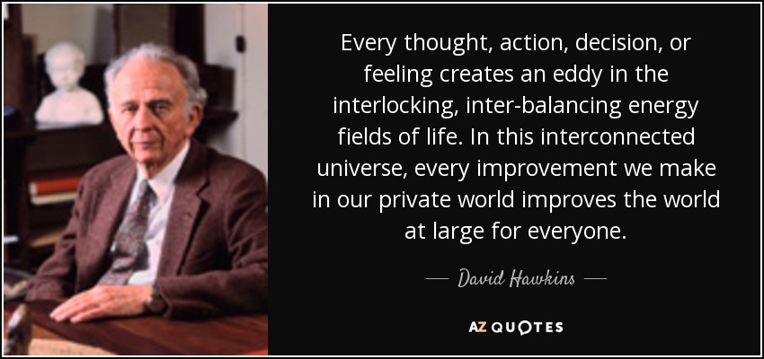 Every thought, action, decision, or feeling creates an eddy in the interlocking, inter-balancing energy fields of life. In this interconnected universe, every improvement we make in our private world improves the world at large for everyone. - David Hawkins