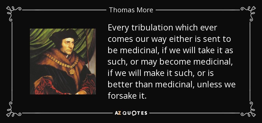 Every tribulation which ever comes our way either is sent to be medicinal, if we will take it as such, or may become medicinal, if we will make it such, or is better than medicinal, unless we forsake it. - Thomas More