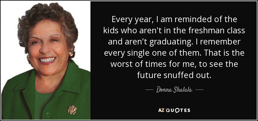 Every year, I am reminded of the kids who aren't in the freshman class and aren't graduating. I remember every single one of them. That is the worst of times for me, to see the future snuffed out. - Donna Shalala