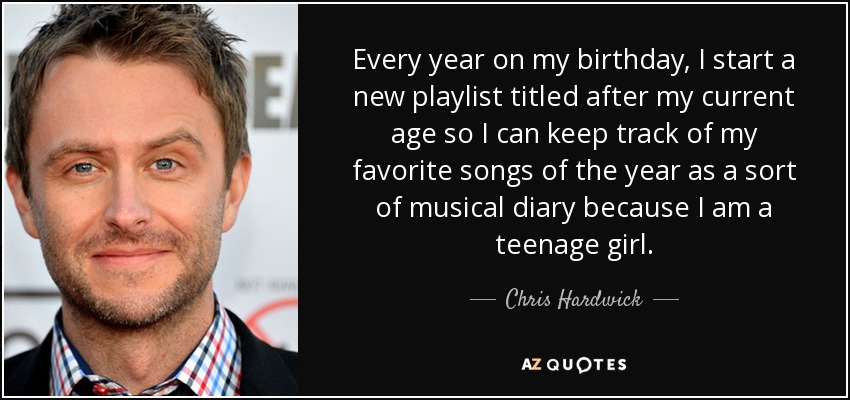 Every year on my birthday, I start a new playlist titled after my current age so I can keep track of my favorite songs of the year as a sort of musical diary because I am a teenage girl. - Chris Hardwick