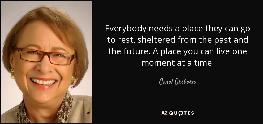 Everybody needs a place they can go to rest, sheltered from the past and the future. A place you can live one moment at a time. - Carol Orsborn