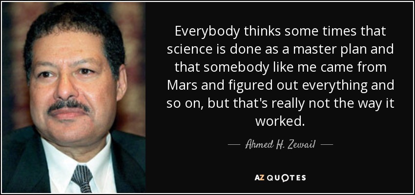 Everybody thinks some times that science is done as a master plan and that somebody like me came from Mars and figured out everything and so on, but that's really not the way it worked. - Ahmed H. Zewail