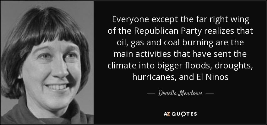 Everyone except the far right wing of the Republican Party realizes that oil, gas and coal burning are the main activities that have sent the climate into bigger floods, droughts, hurricanes, and El Ninos - Donella Meadows