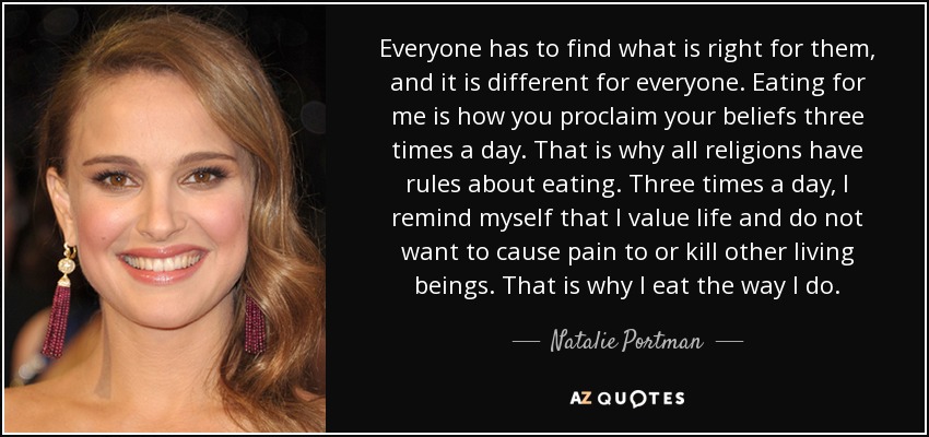 Everyone has to find what is right for them, and it is different for everyone. Eating for me is how you proclaim your beliefs three times a day. That is why all religions have rules about eating. Three times a day, I remind myself that I value life and do not want to cause pain to or kill other living beings. That is why I eat the way I do. - Natalie Portman