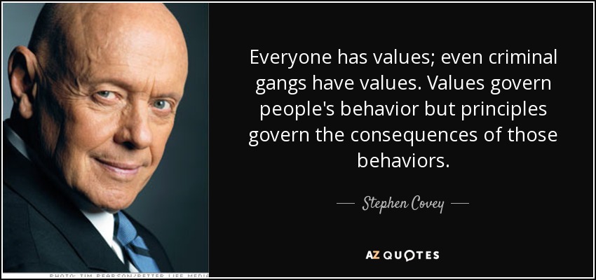 Everyone has values; even criminal gangs have values. Values govern people's behavior but principles govern the consequences of those behaviors. - Stephen Covey