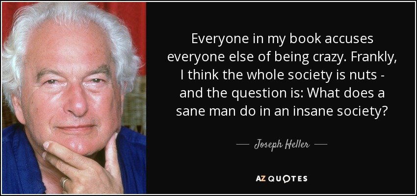 Everyone in my book accuses everyone else of being crazy. Frankly, I think the whole society is nuts - and the question is: What does a sane man do in an insane society? - Joseph Heller