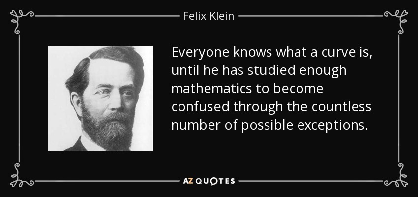 Everyone knows what a curve is, until he has studied enough mathematics to become confused through the countless number of possible exceptions. - Felix Klein