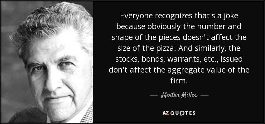 Everyone recognizes that's a joke because obviously the number and shape of the pieces doesn't affect the size of the pizza. And similarly, the stocks, bonds, warrants, etc., issued don't affect the aggregate value of the firm. - Merton Miller