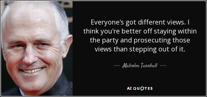 Everyone's got different views. I think you're better off staying within the party and prosecuting those views than stepping out of it. - Malcolm Turnbull