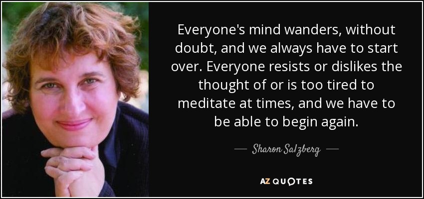 Everyone's mind wanders, without doubt, and we always have to start over. Everyone resists or dislikes the thought of or is too tired to meditate at times, and we have to be able to begin again. - Sharon Salzberg