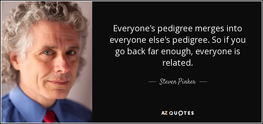 Everyone's pedigree merges into everyone else's pedigree. So if you go back far enough, everyone is related. - Steven Pinker