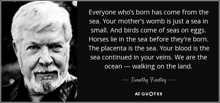 Everyone who’s born has come from the sea. Your mother’s womb is just a sea in small. And birds come of seas on eggs. Horses lie in the sea before they’re born. The placenta is the sea. Your blood is the sea continued in your veins. We are the ocean — walking on the land. - Timothy Findley