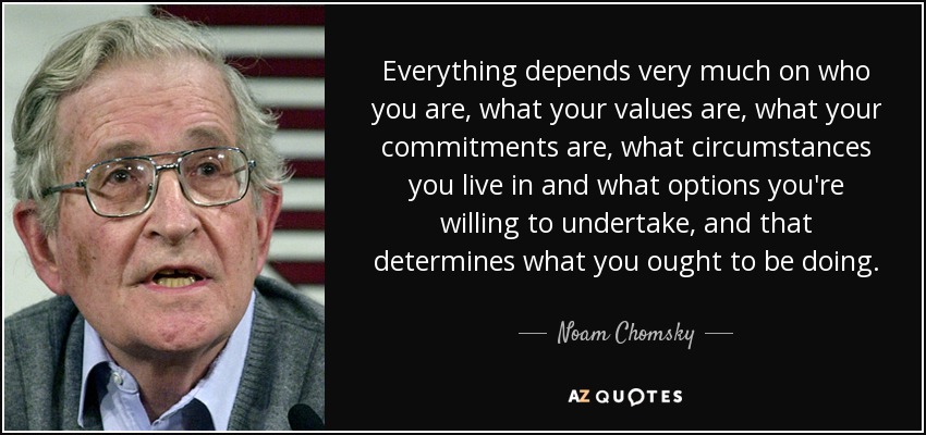 Everything depends very much on who you are, what your values are, what your commitments are, what circumstances you live in and what options you're willing to undertake, and that determines what you ought to be doing. - Noam Chomsky