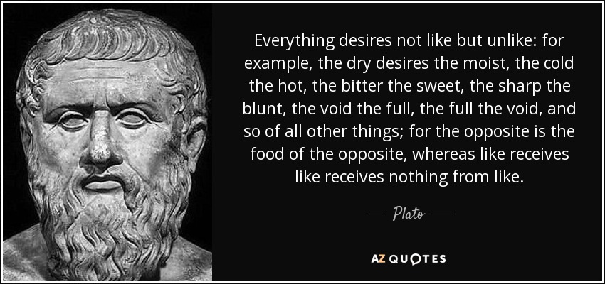 Everything desires not like but unlike: for example, the dry desires the moist, the cold the hot, the bitter the sweet, the sharp the blunt, the void the full, the full the void, and so of all other things; for the opposite is the food of the opposite, whereas like receives like receives nothing from like. - Plato