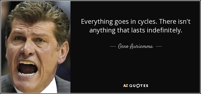 Everything goes in cycles. There isn't anything that lasts indefinitely. - Geno Auriemma