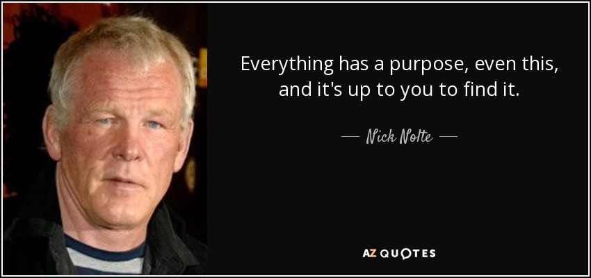 Everything has a purpose, even this, and it's up to you to find it. - Nick Nolte