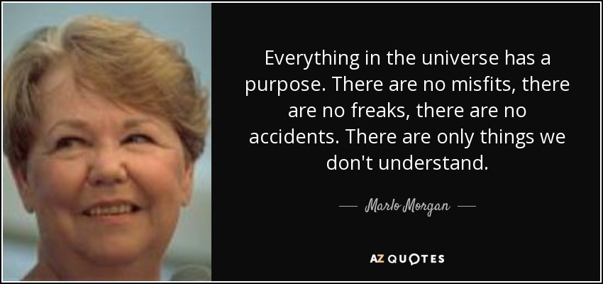 Everything in the universe has a purpose. There are no misfits, there are no freaks, there are no accidents. There are only things we don't understand. - Marlo Morgan
