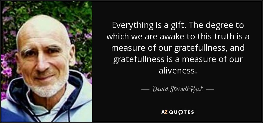 Everything is a gift. The degree to which we are awake to this truth is a measure of our gratefullness, and gratefullness is a measure of our aliveness. - David Steindl-Rast