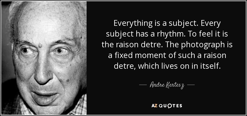 Everything is a subject. Every subject has a rhythm. To feel it is the raison detre. The photograph is a fixed moment of such a raison detre, which lives on in itself. - Andre Kertesz