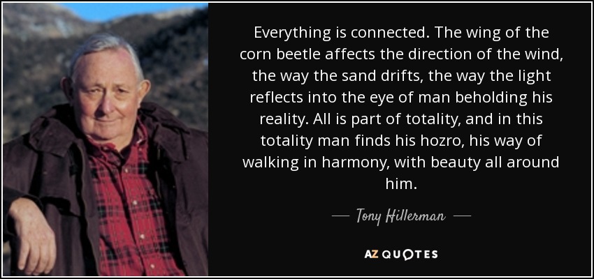 Everything is connected. The wing of the corn beetle affects the direction of the wind, the way the sand drifts, the way the light reflects into the eye of man beholding his reality. All is part of totality, and in this totality man finds his hozro, his way of walking in harmony, with beauty all around him. - Tony Hillerman