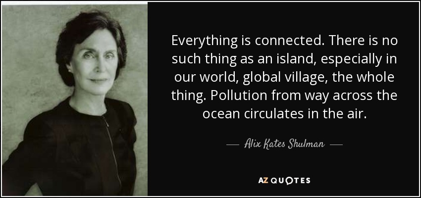 Everything is connected. There is no such thing as an island, especially in our world, global village, the whole thing. Pollution from way across the ocean circulates in the air. - Alix Kates Shulman