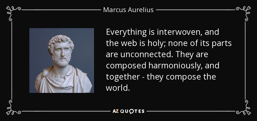Everything is interwoven, and the web is holy; none of its parts are unconnected. They are composed harmoniously, and together - they compose the world. - Marcus Aurelius