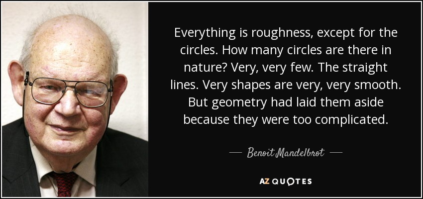 Everything is roughness, except for the circles. How many circles are there in nature? Very, very few. The straight lines. Very shapes are very, very smooth. But geometry had laid them aside because they were too complicated. - Benoit Mandelbrot