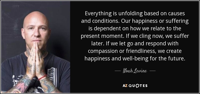 Everything is unfolding based on causes and conditions. Our happiness or suffering is dependent on how we relate to the present moment. If we cling now, we suffer later. If we let go and respond with compassion or friendliness, we create happiness and well-being for the future. - Noah Levine