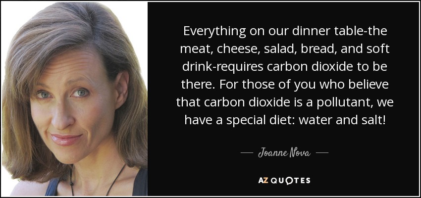 Everything on our dinner table-the meat, cheese, salad, bread, and soft drink-requires carbon dioxide to be there. For those of you who believe that carbon dioxide is a pollutant, we have a special diet: water and salt! - Joanne Nova