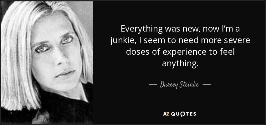 Everything was new, now I’m a junkie, I seem to need more severe doses of experience to feel anything. - Darcey Steinke