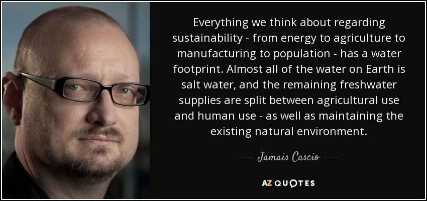 Everything we think about regarding sustainability - from energy to agriculture to manufacturing to population - has a water footprint. Almost all of the water on Earth is salt water, and the remaining freshwater supplies are split between agricultural use and human use - as well as maintaining the existing natural environment. - Jamais Cascio