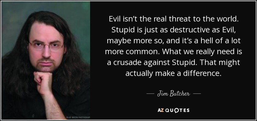 Evil isn’t the real threat to the world. Stupid is just as destructive as Evil, maybe more so, and it’s a hell of a lot more common. What we really need is a crusade against Stupid. That might actually make a difference. - Jim Butcher