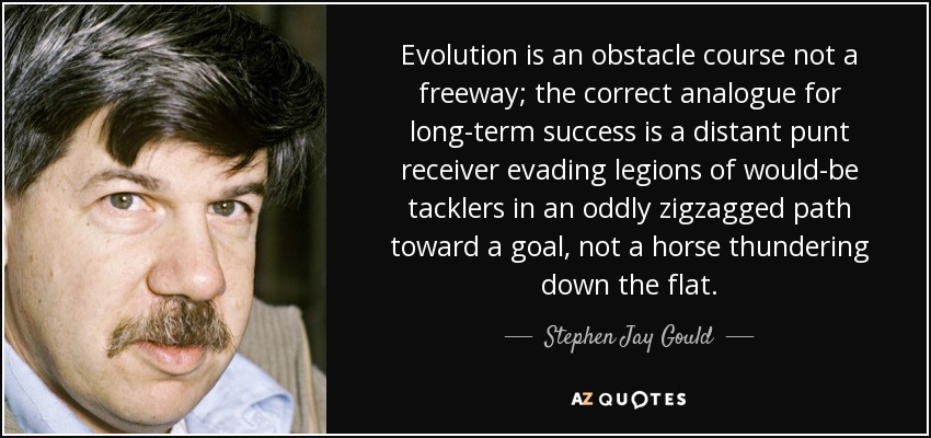 Evolution is an obstacle course not a freeway; the correct analogue for long-term success is a distant punt receiver evading legions of would-be tacklers in an oddly zigzagged path toward a goal, not a horse thundering down the flat. - Stephen Jay Gould