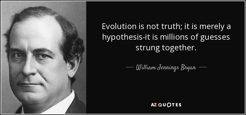 Evolution is not truth; it is merely a hypothesis-it is millions of guesses strung together. - William Jennings Bryan