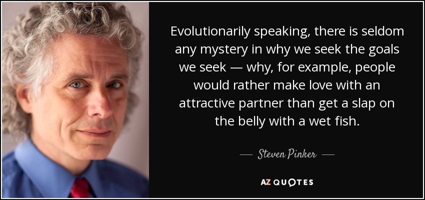 Evolutionarily speaking, there is seldom any mystery in why we seek the goals we seek — why, for example, people would rather make love with an attractive partner than get a slap on the belly with a wet fish. - Steven Pinker