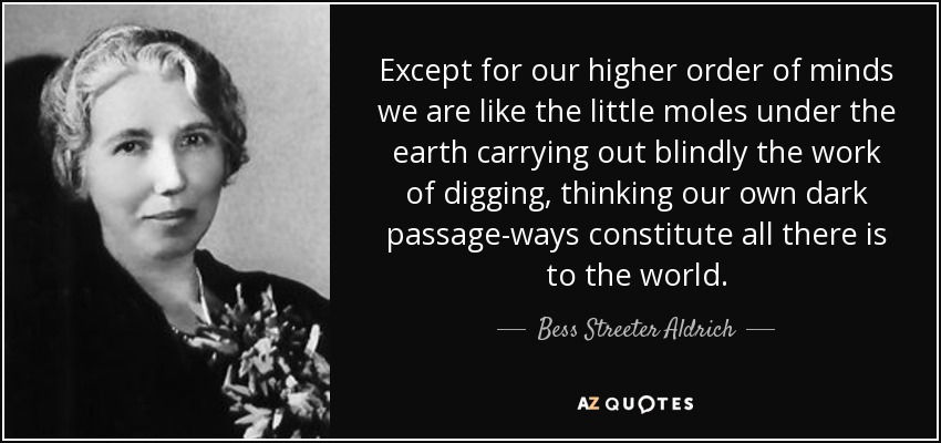 Except for our higher order of minds we are like the little moles under the earth carrying out blindly the work of digging, thinking our own dark passage-ways constitute all there is to the world. - Bess Streeter Aldrich