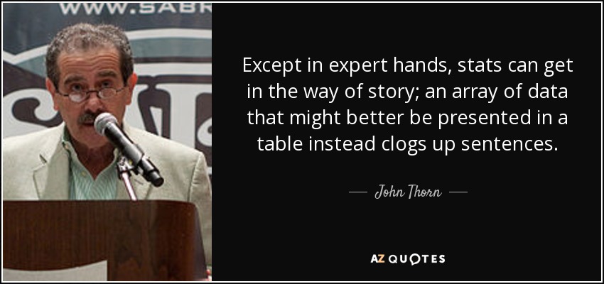 Except in expert hands, stats can get in the way of story; an array of data that might better be presented in a table instead clogs up sentences. - John Thorn