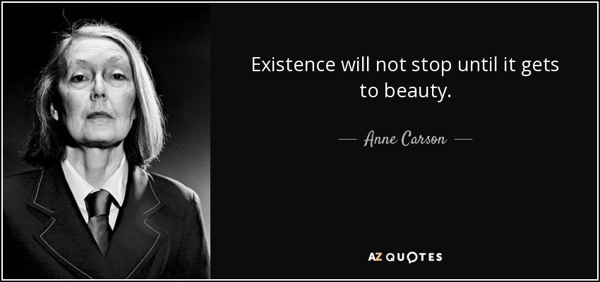 Existence will not stop until it gets to beauty. - Anne Carson