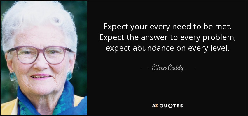 Expect your every need to be met. Expect the answer to every problem, expect abundance on every level. - Eileen Caddy