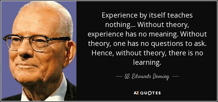 Experience by itself teaches nothing... Without theory, experience has no meaning. Without theory, one has no questions to ask. Hence, without theory, there is no learning. - W. Edwards Deming