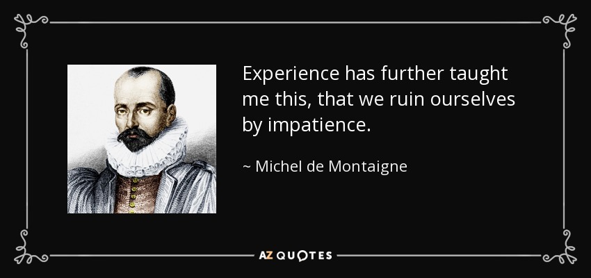 Experience has further taught me this, that we ruin ourselves by impatience. - Michel de Montaigne