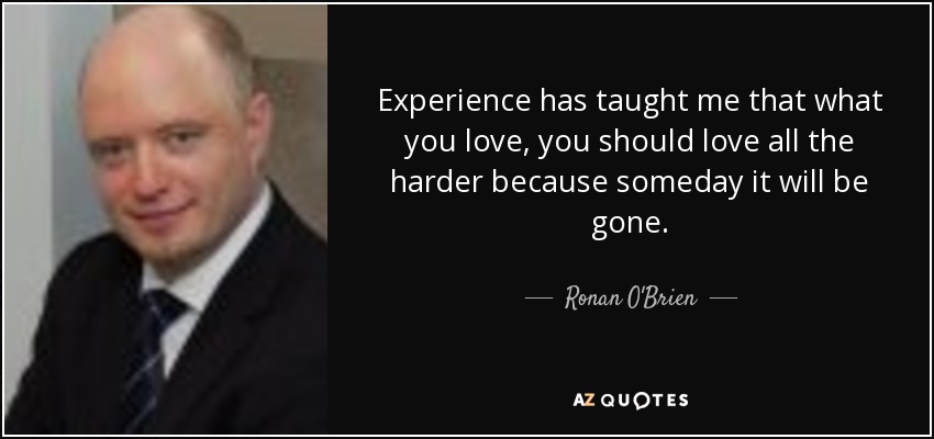 Experience has taught me that what you love, you should love all the harder because someday it will be gone. - Ronan O'Brien