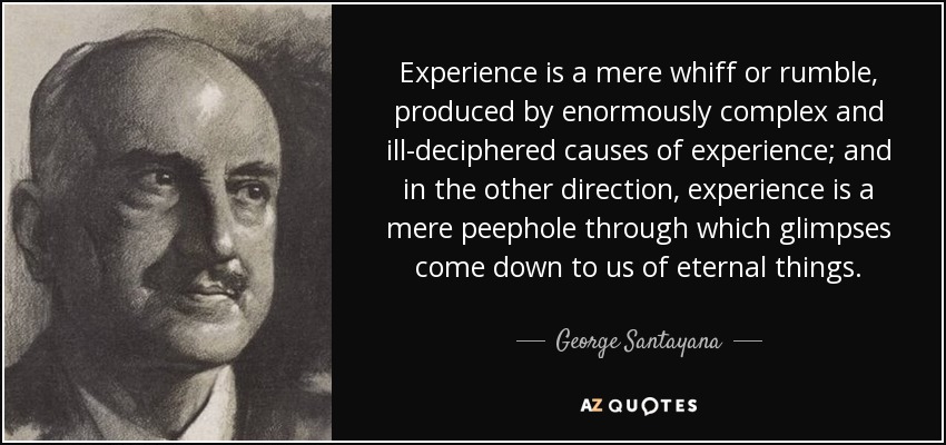 Experience is a mere whiff or rumble, produced by enormously complex and ill-deciphered causes of experience; and in the other direction, experience is a mere peephole through which glimpses come down to us of eternal things. - George Santayana