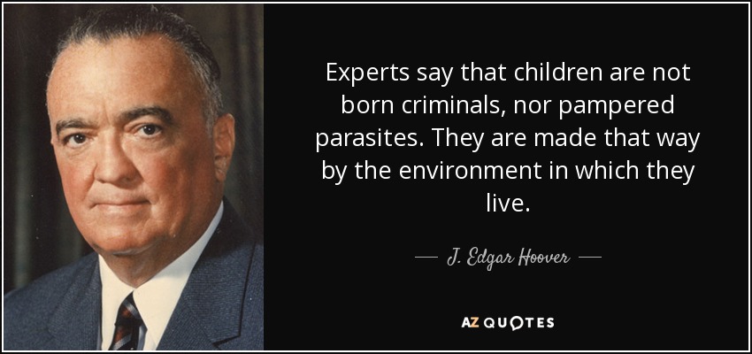Experts say that children are not born criminals, nor pampered parasites. They are made that way by the environment in which they live. - J. Edgar Hoover